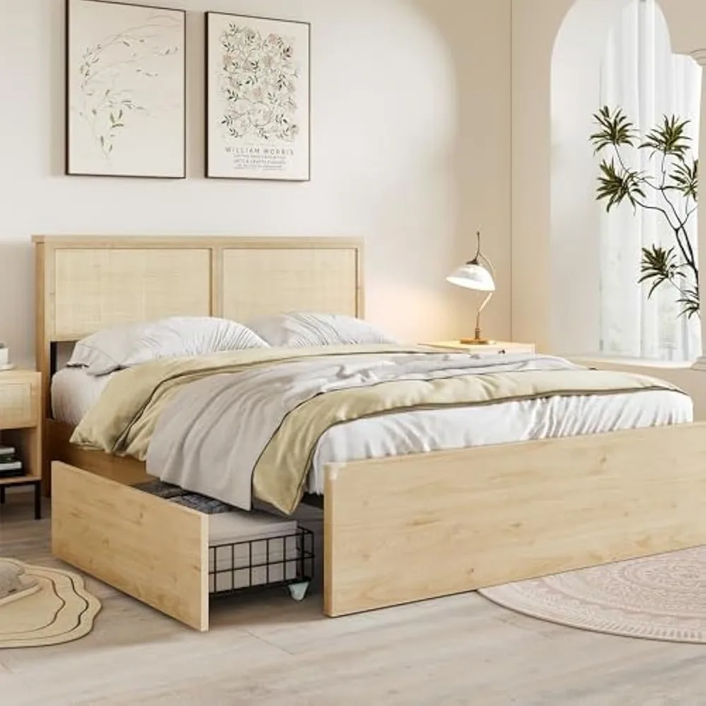 

Drawers and Footboard, Boho Wooden Platform Bed with Sturdy Steel Frame and Strong Wooden Slats, No Box Spring Needed/Noise-Free