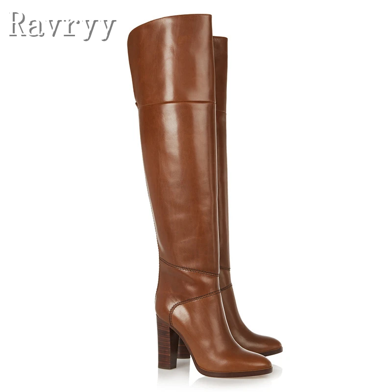 

Brand New Brown Over The Knee Boots Women Round Toe Chunky High Heels Zipper Long Boots Large Size Winter Warm Shoes