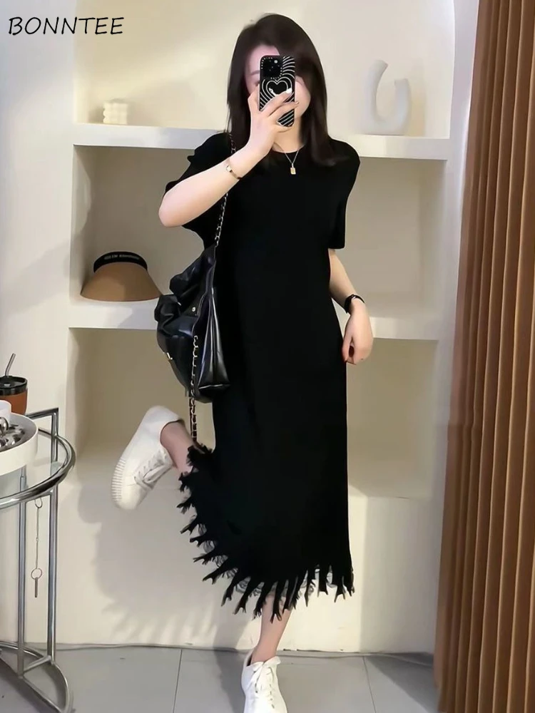 

Dresses Women Solid Tassel Leisure Vintage Daily Summer Breathable Designed All-match Casual Basic Prevalent Ladies Korean Style