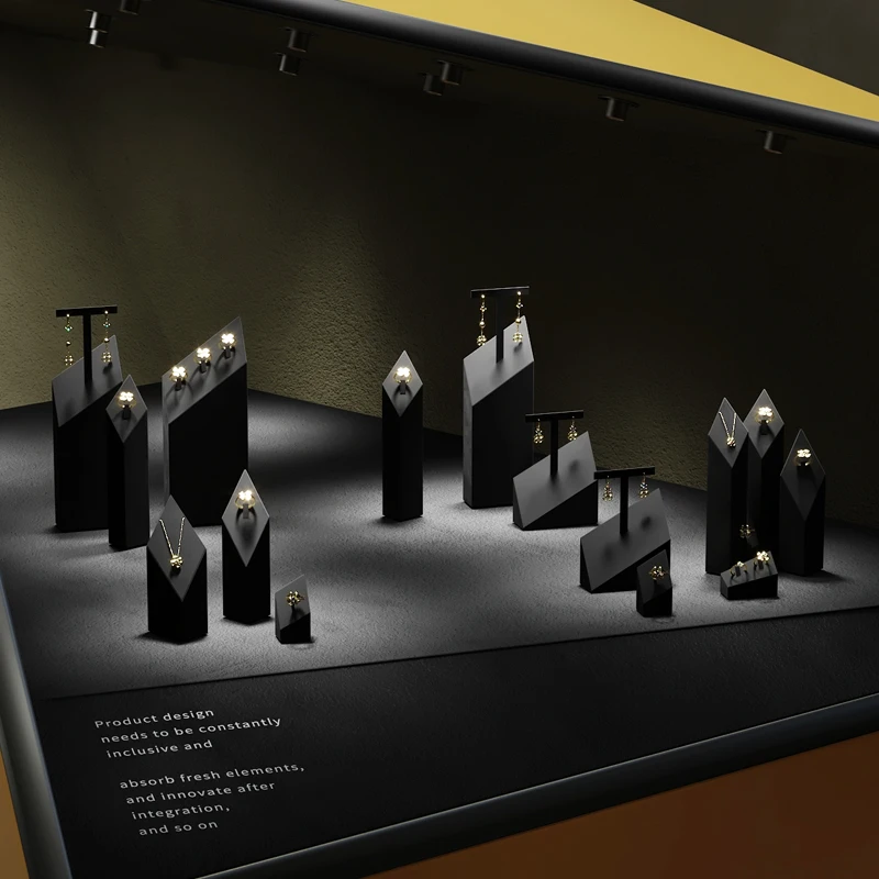 WoodTen alat peraga tampilan perhiasan kelas atas hitam serat mikro kalung cincin anting-anting pajangan rak tampilan perhiasan jendela berdiri