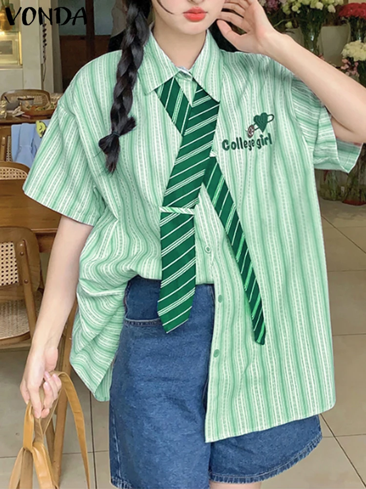 VONDA Summer Stripe Shirt Fashion Tie Turn-down Collar Tops Women Shirts Short Sleeve Blusas Party Streetwear Tunic Oversize