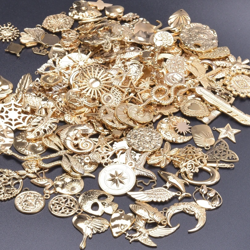 10/30pcs 18k Real Gold Plated Stainless Steel Charms For Jewelry Making Wicca Heart Fatima Hand Moon Pendant Charm Bulk Material