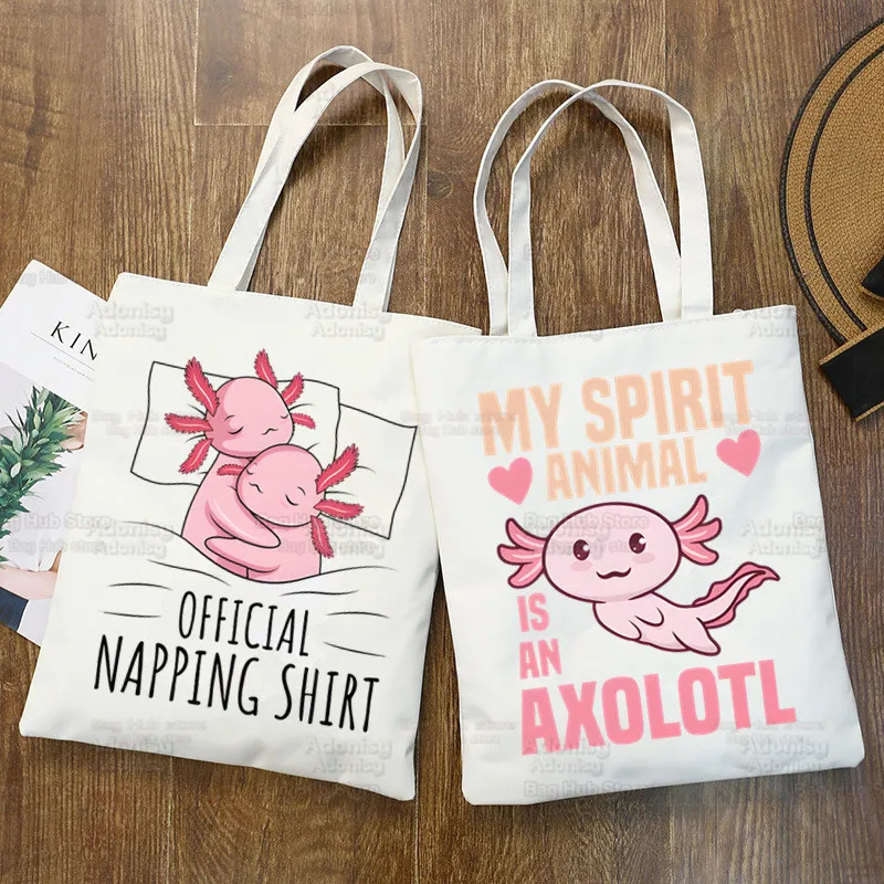 Sacola de lona dos desenhos animados para mulheres, bolsas fofas com estampa animal, bolsa de ombro Harajuku, Kawaii, Axolotl Ulzzang