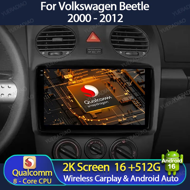 Android 16 Car Radio For VW Volkswagen Beetle 2000 - 2012 Qualcomm Multimedia Video Player Head Unit BT QLED 4G LTE 5G WIFI 2DIN