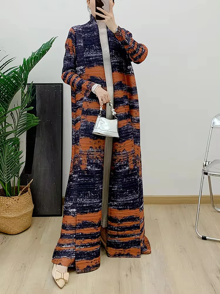 ANLAN 2024 Summer New Pleated Belt Coat Elegant Printed Long Sleeves Color Block Large Size Robe Female Trendy Clothing 2DA4681