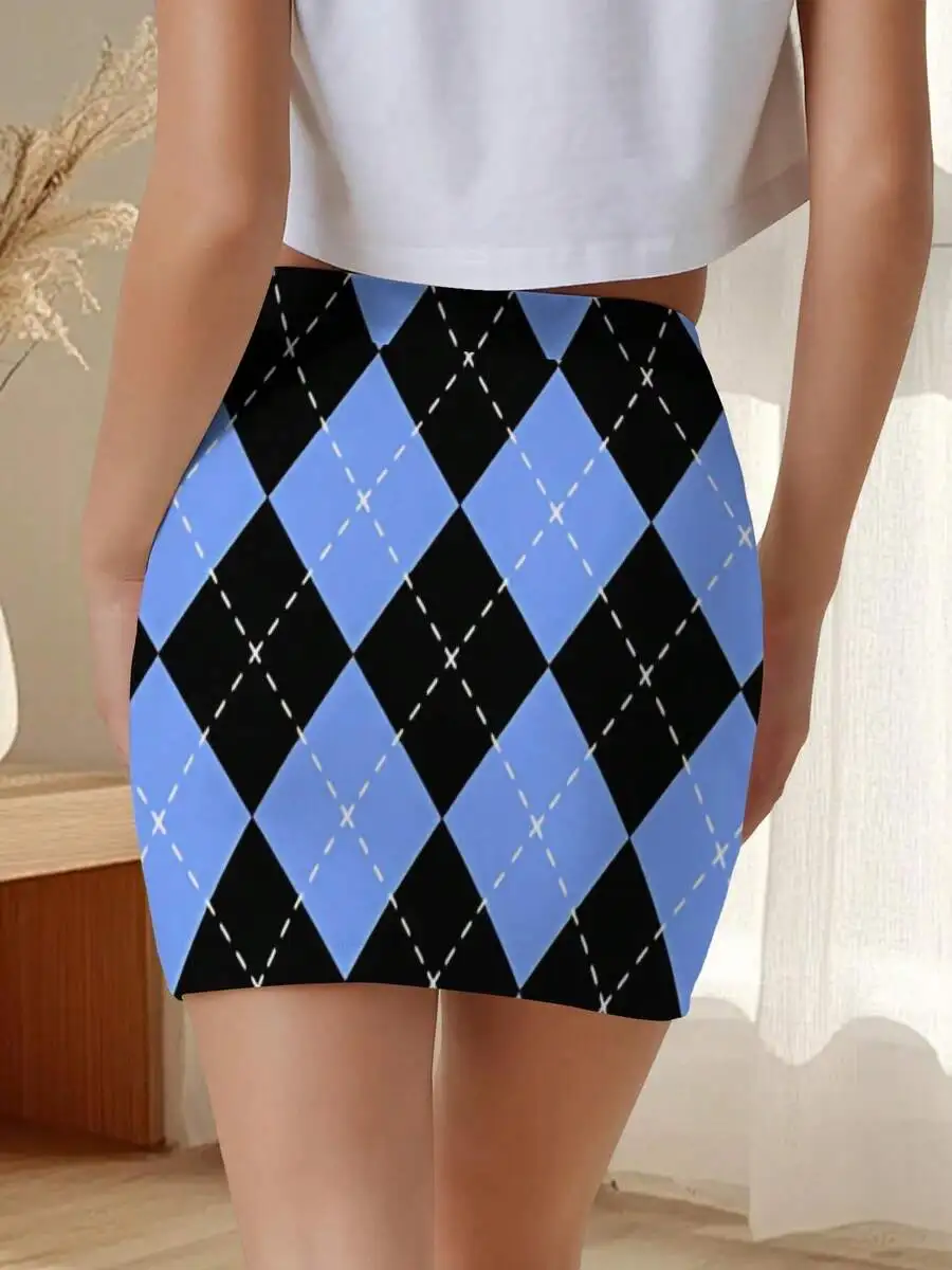 Womens Summer Bodycon Mini Skirt Argyle Diamond Pattern Light Blue Black Casual