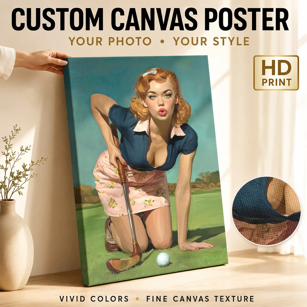 Pin-up Golfer with Golf Club and Ball Canvas Print Poster Custom Photo Sports Portrait Wall Art for Office Decor Ready to Hang