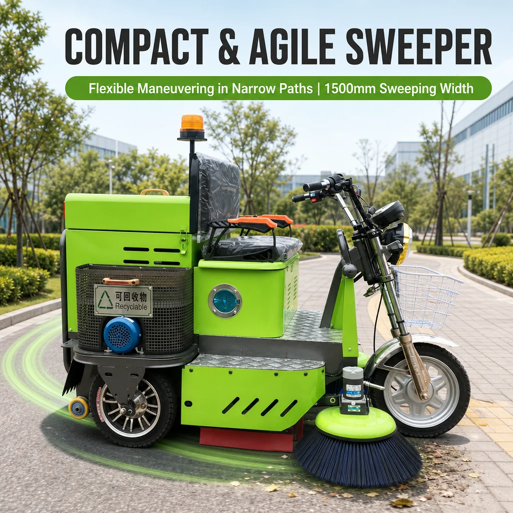 Tricycle Handlebar Electric Road Sweeper 48V Ride-on Street Cleaner 1500mm Width Industrial Floor Sweeping Machine 10000m²/h