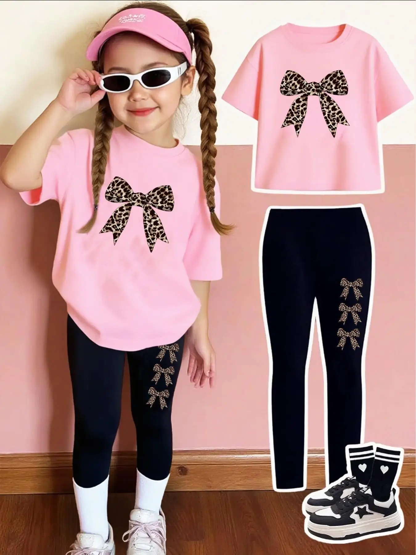 Leopard Print Bow Pattern Printed Set for Girls, Casual Short-Sleeve Top + Leggings 2-Piece Set, Comfortable Elastic Waist Pants Suitable for Girls Aged 4-12, for Going Out, Home, School, Spring and Summer Daily Wear
