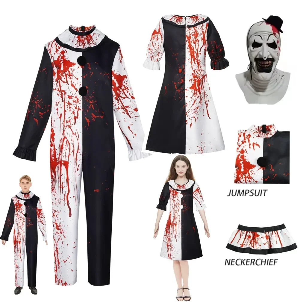 Terrifier Art Clown Cosplay Costume pour hommes et femmes, combinaison, jeu, robe de paupières, tache de sang, uniforme, vêtements d'Halloween, fête de carnaval