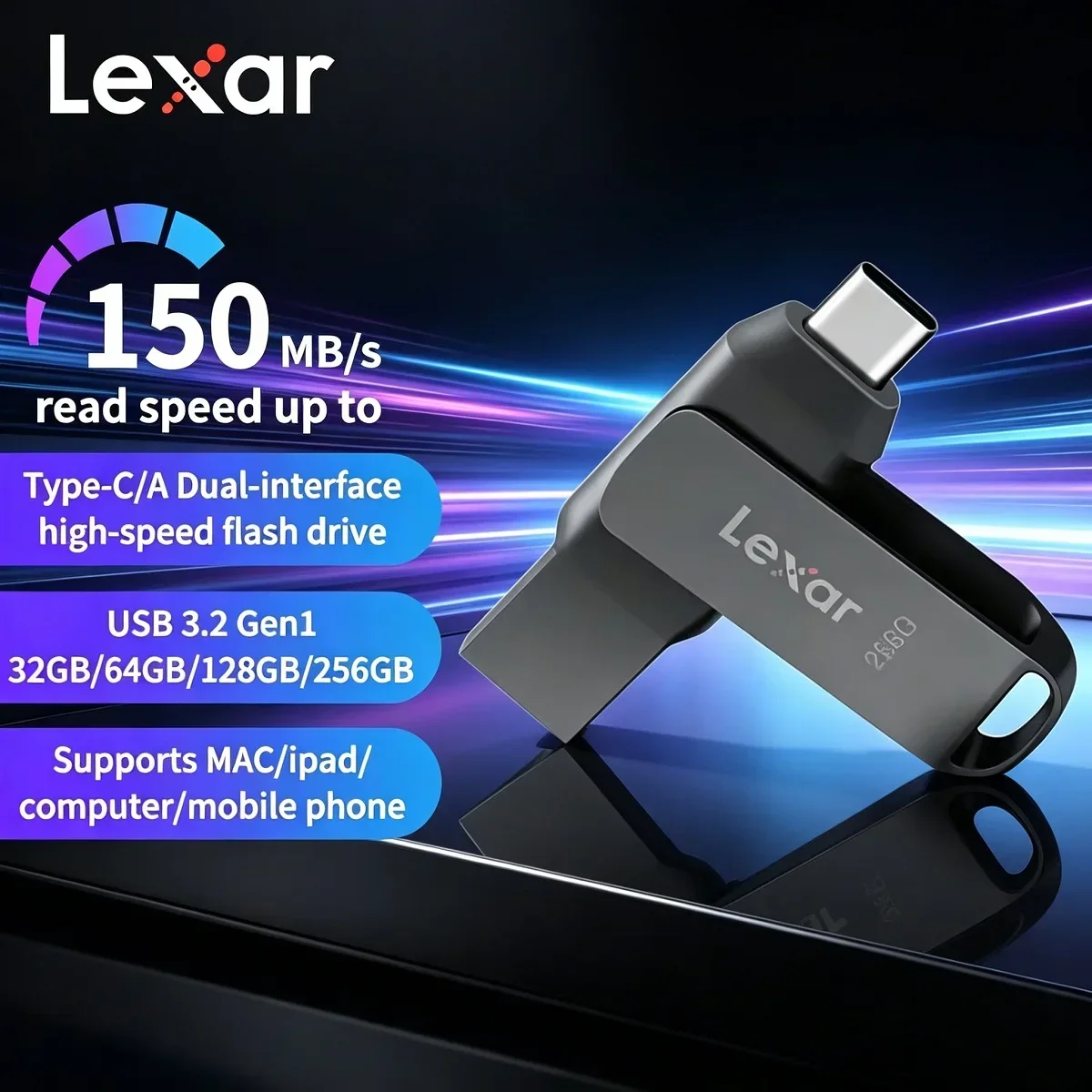 Lexar OTG USB Pendrive Type C & USB A Dual Interface 130MB/s Portable Flash Drive For Android Phone Computer File Backup