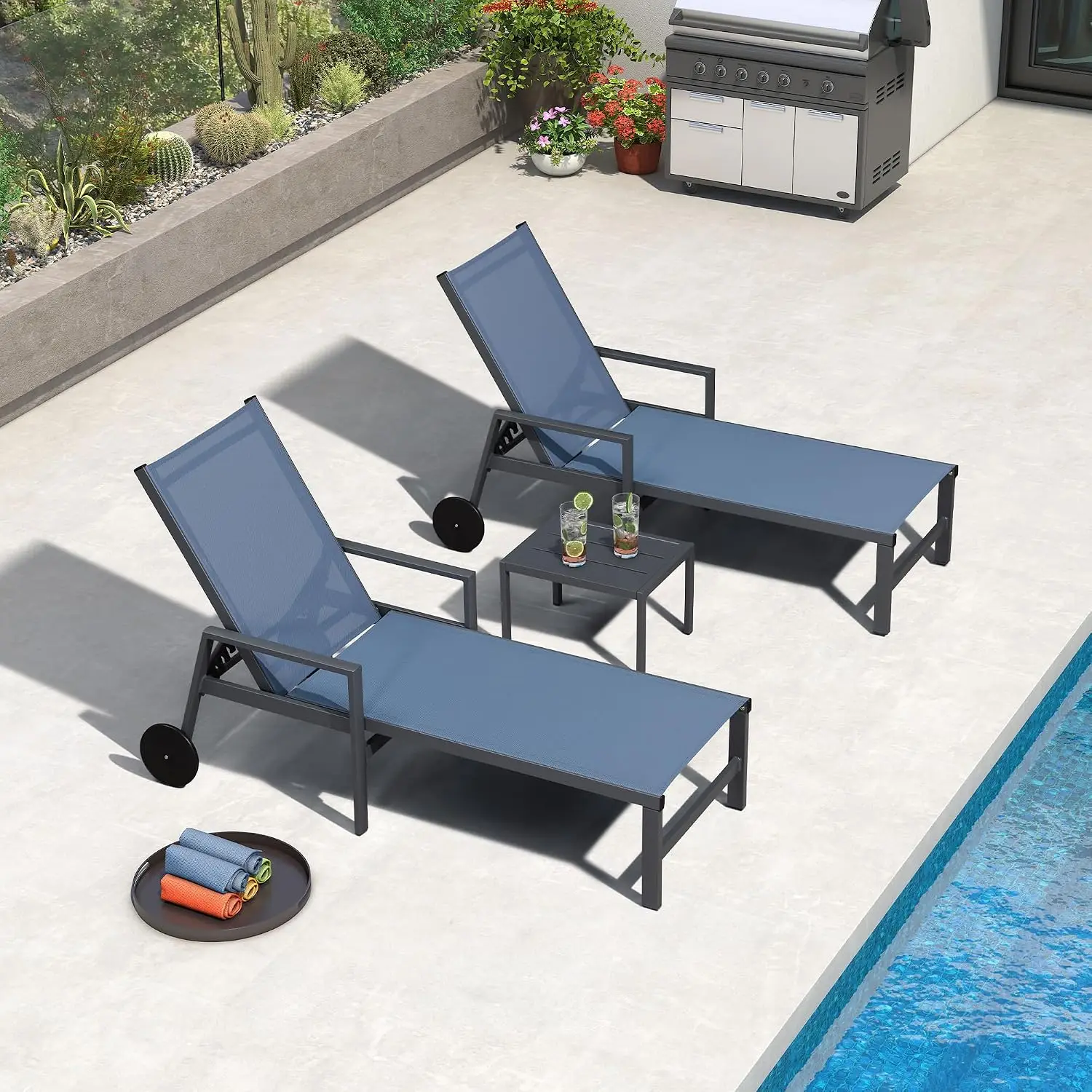 Outdoor Chaise Lounge Set for 2, Rust-resistant Aluminum, Quick-dry Mesh, 5-position Recline, Wheels, 270 lbs, Customized