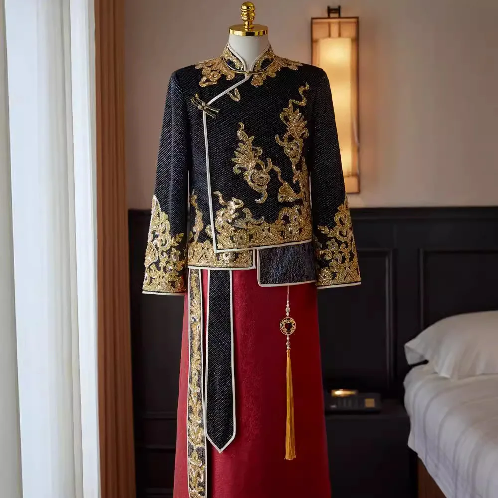 

Big Size Tang Clothes Vintage Embroider Sequins Hanfu Groom Wedding Party Costume Chinese Tradition Hanfu Costume Jacket Skirt