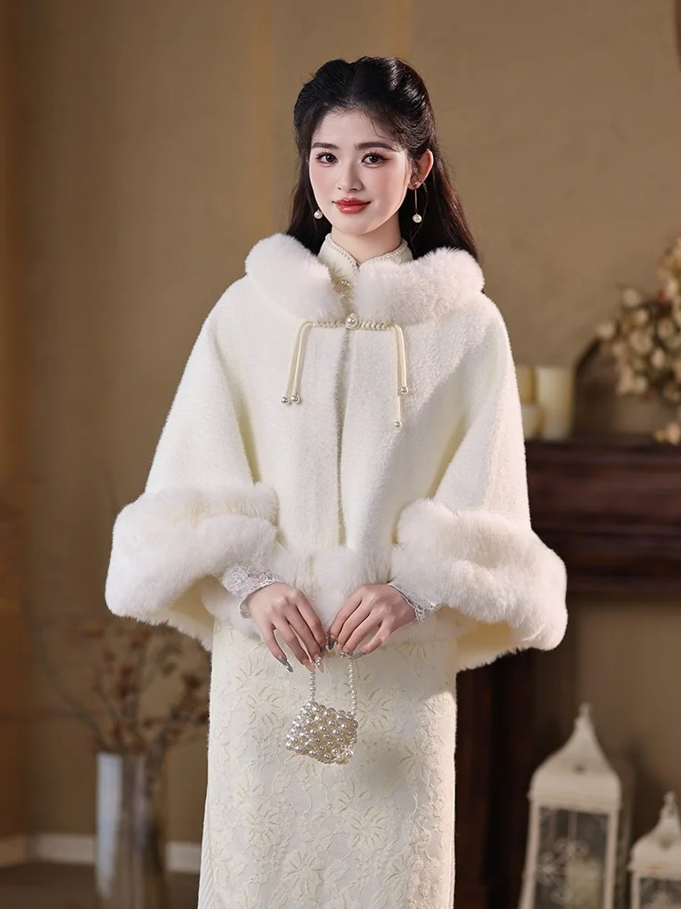 厚みのあるフリース裏地付きチュニックコート中国風冬暖かいショルダーショールカラーアウターウェア女性用ハン・イーナブランド