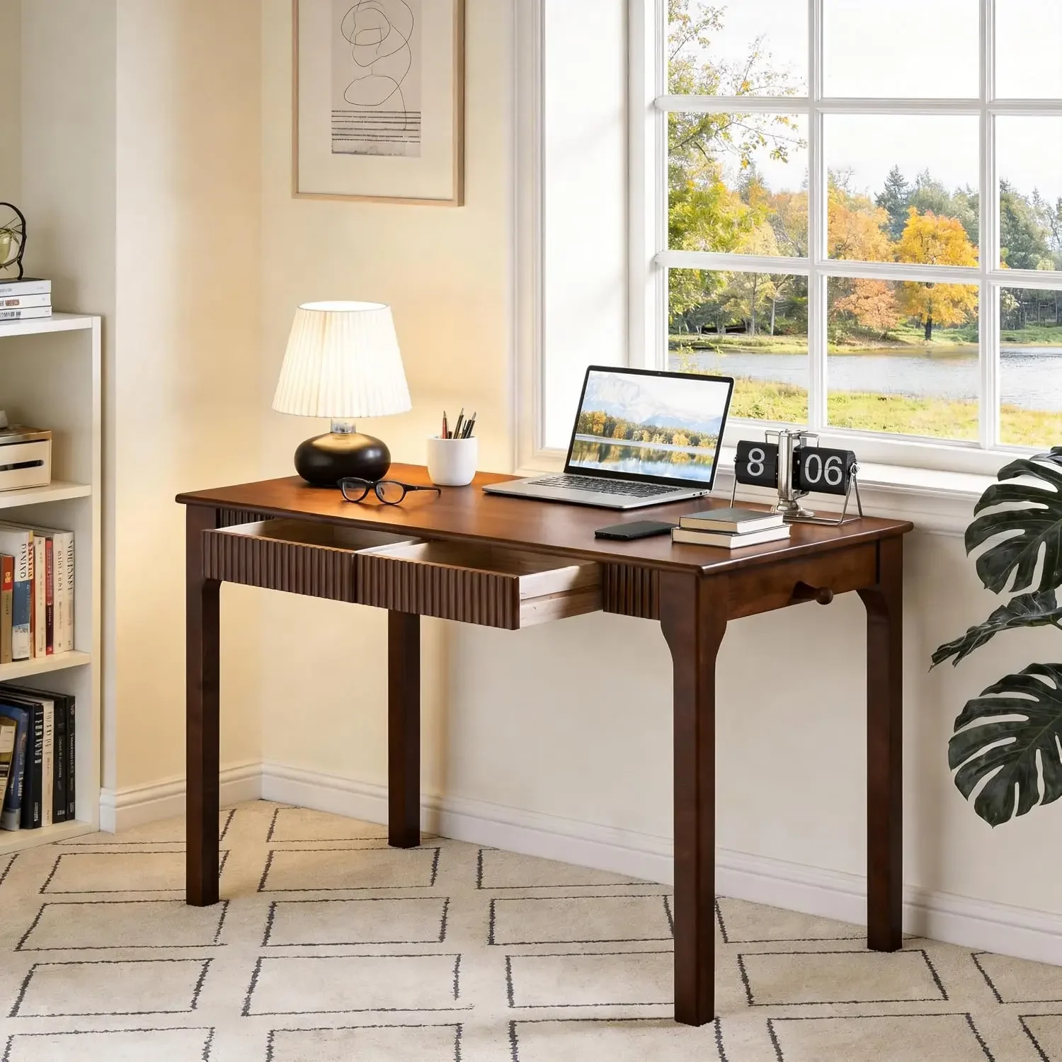 100% Solid Wood Desk,Small Fluted Desk,15-Min Assembly，Walnut | Mid Century Modern Desk,Writing Desk With Drawer,Work Study Comp