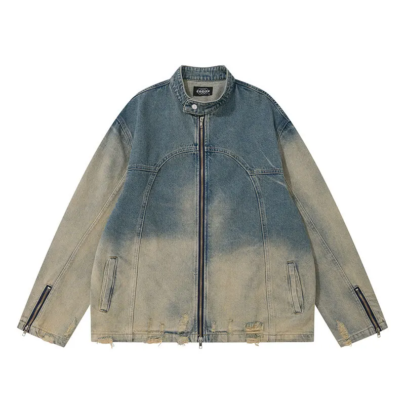 

Gradient Women Denim Jackets Niche Design Inkjet Yellow Mud Trendy Brand Hip-hop Vintage Stitching Zipper Clothing Lapel Jackets
