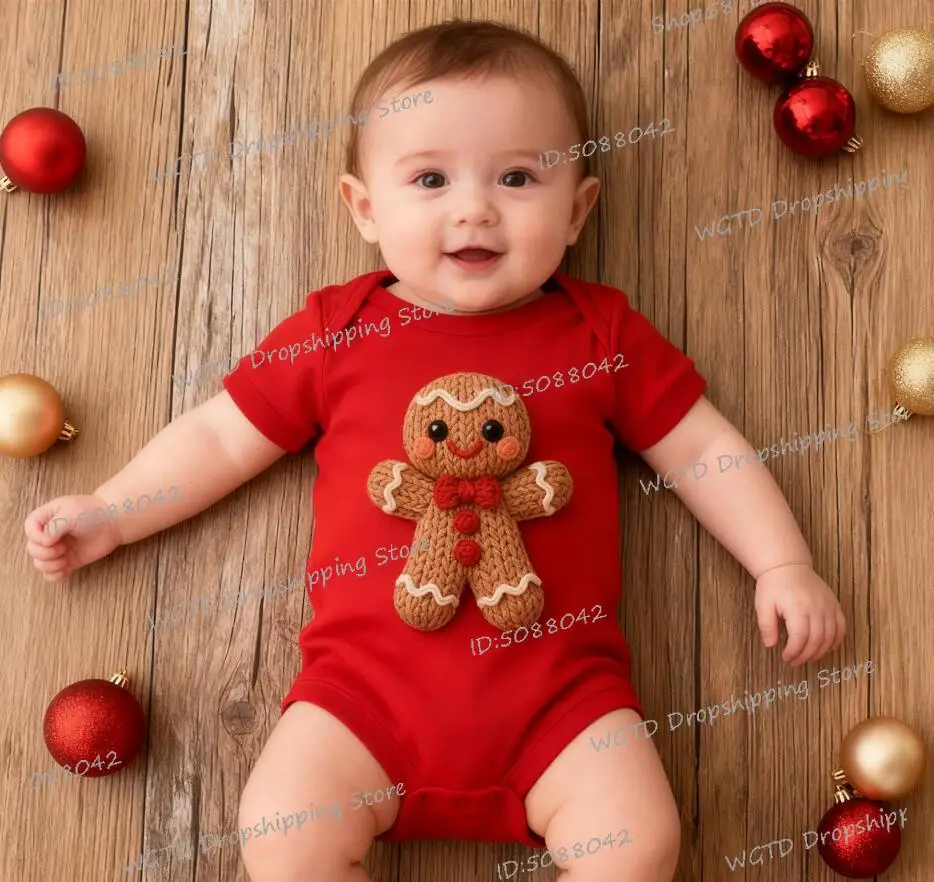 

Fun Gingerbread Crochet Style Print Christmas Romper Newborn Bodysuits Xmas Party Gift Boys Girls Short Sleeve Cotton Jumpsuit
