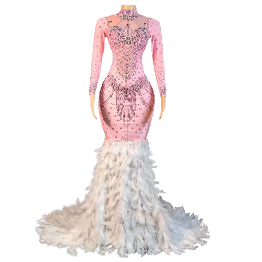 

European and American Female Singer Hosting Model Pink Pearl Rhinestone Elastic Feather Tail Fishtail Dress Performance Dress