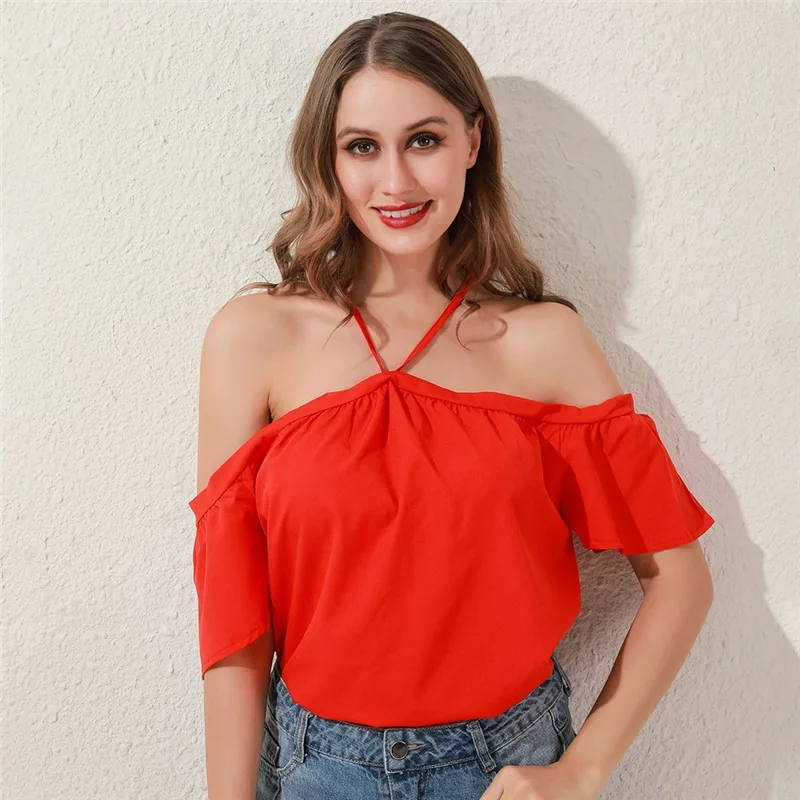 Blusa Halter fora do ombro feminino, camisa sexy sem costas, tops de cor sólida, camisa elegante de manga curta, verão, 2XL