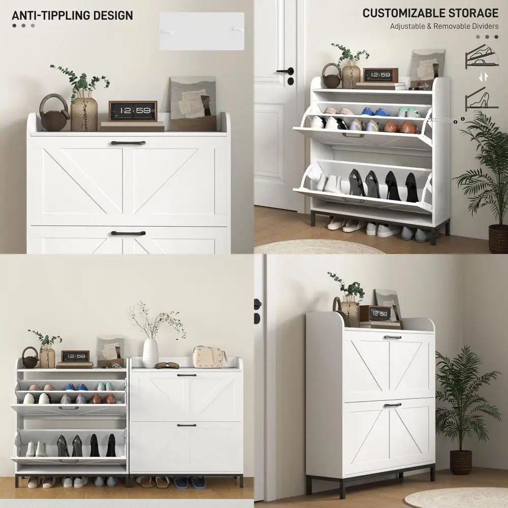 

Narrow Farmhouse-Style Shoe Storage Cabinet with 2 Drawers, White Woodgrain Finish, Ideal for Entryways and Halls