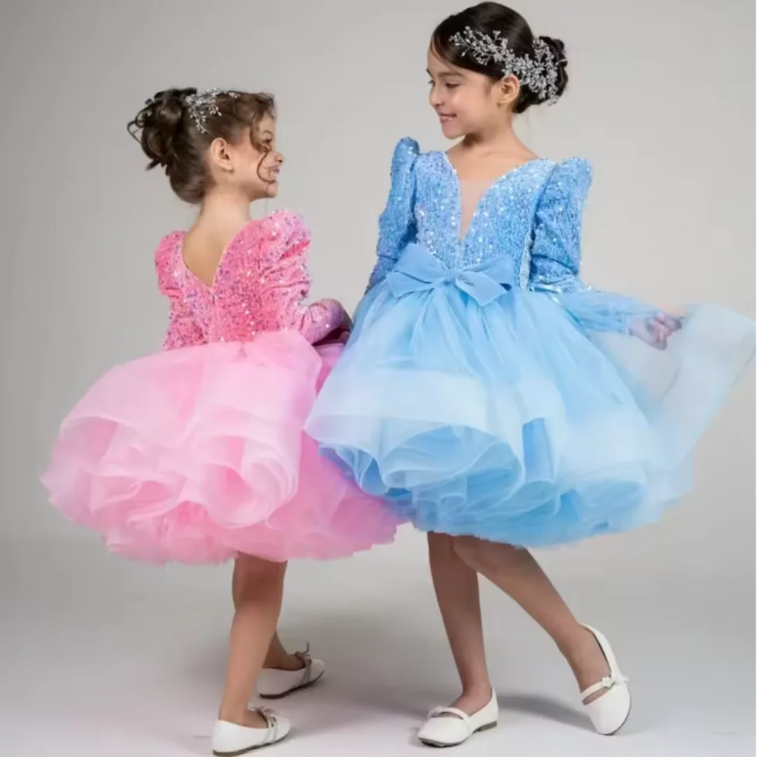 فستان فتاة الزهور اللامع من الدانتيل بأكمام طويلة بطول الركبة فستان الأميرة لحفلات الزفاف وأعياد الميلاد ومهرجانات التجميل والحفلات