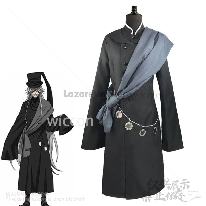 Black Anime Butler Cosplay Kuroshitsuji Undertaker Costume Coat Hat Wigs For Halloween Christmas Party Woman Man