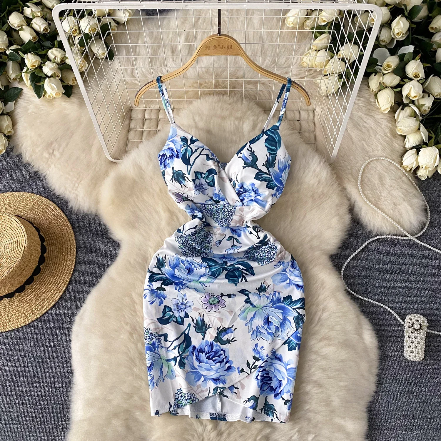 Sexy V Neck Floral Print Evening Party Club Slip Dress Women Summer Elegant Sweet Chic Vintage Slim Bodycon Pencil Dresses