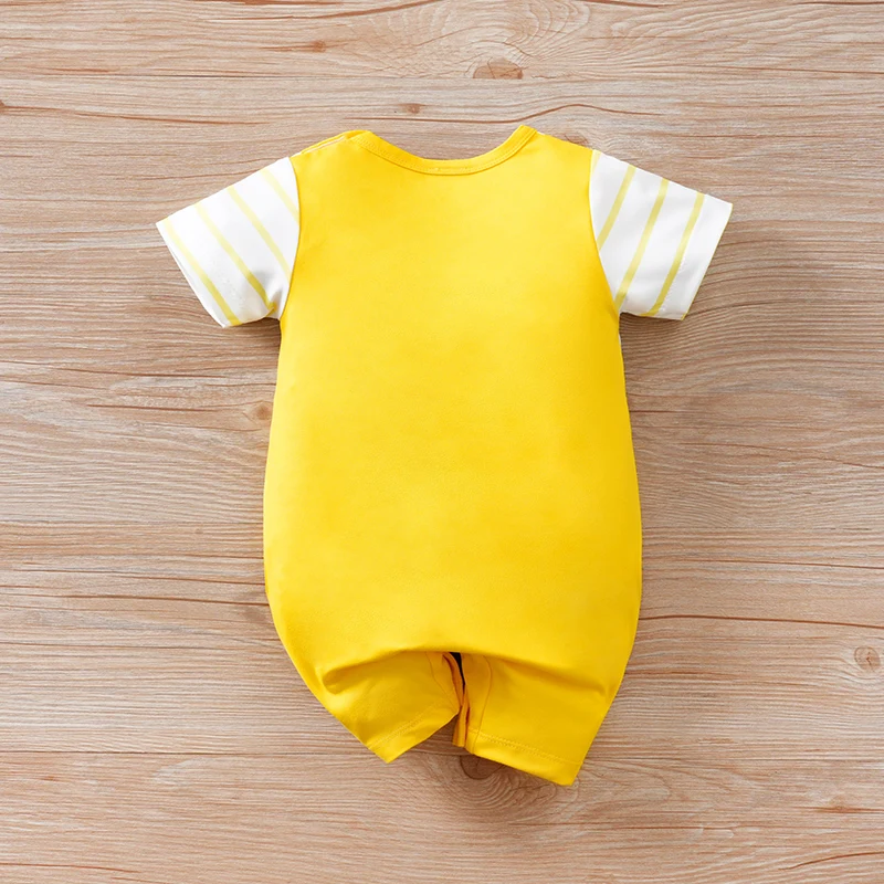 Newborn baby summer short-sleeved fake two-piece strap yellow super cool skateboard bear soft and comfortable round-neck one-pie