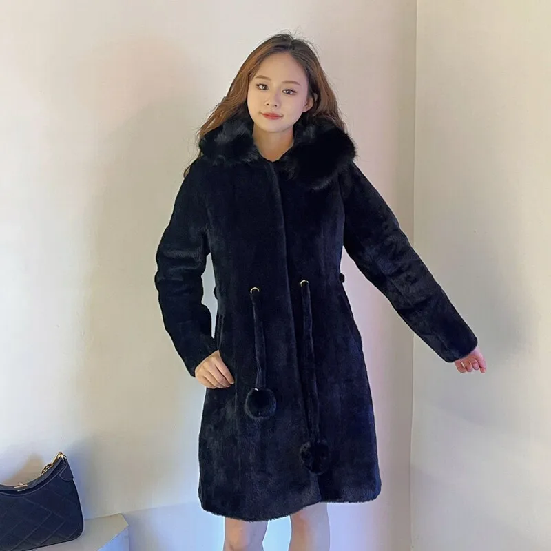 imitation Mink velvet coat female 2025 new winter clothing fashion Mid-Length Long sleeve slim hooded overcoat women tide T640