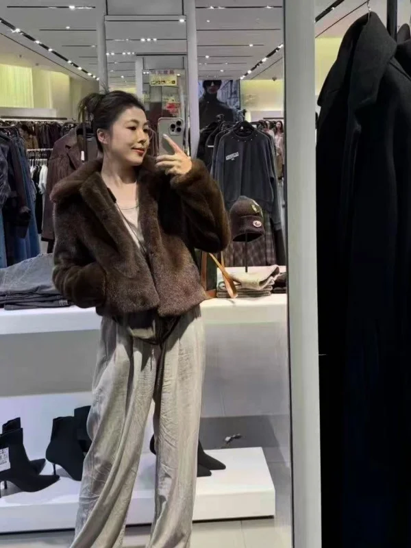 

Осень 2025 г. Женское пальто из меха Thiened ort с воротником-клапаном из искусственной кожи, повседневная куртка свободного кроя, длинная застежка-молния...