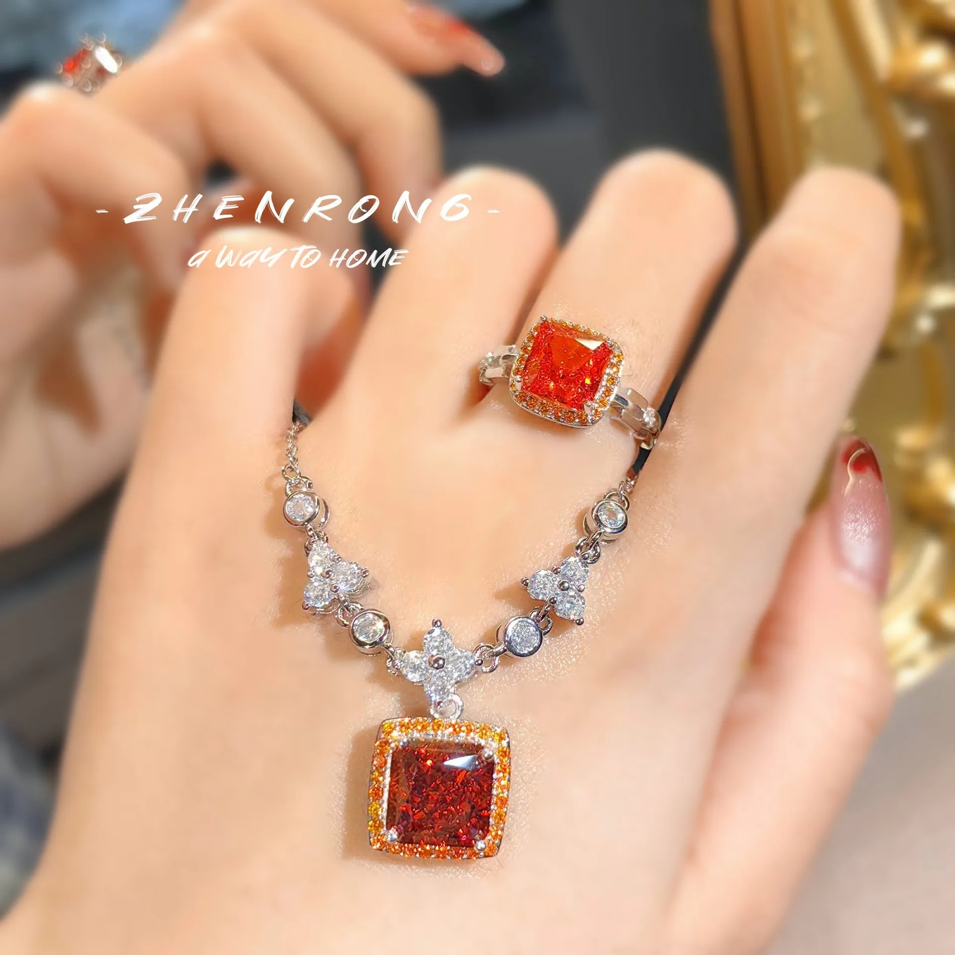 

2024 New Orange Square Sparkling Stone Pendant Necklaces Pave Zircon Rings For Women Jewelry Sets Valentine's Day Gift