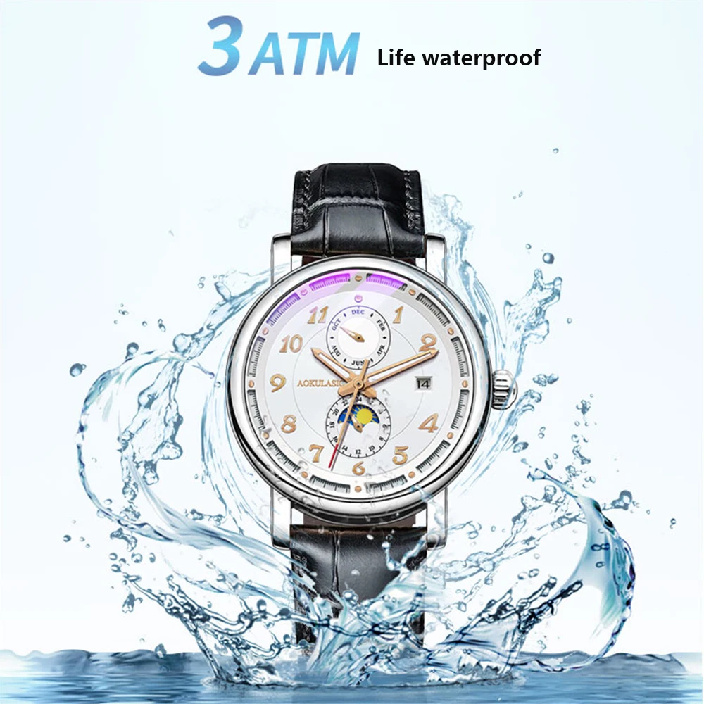 AOKULASIC Top Brand Men Mechanical Watch Fashion Sport Waterproof Date Calendar Automatic Watches Man Luminous Moon Phase Clocks