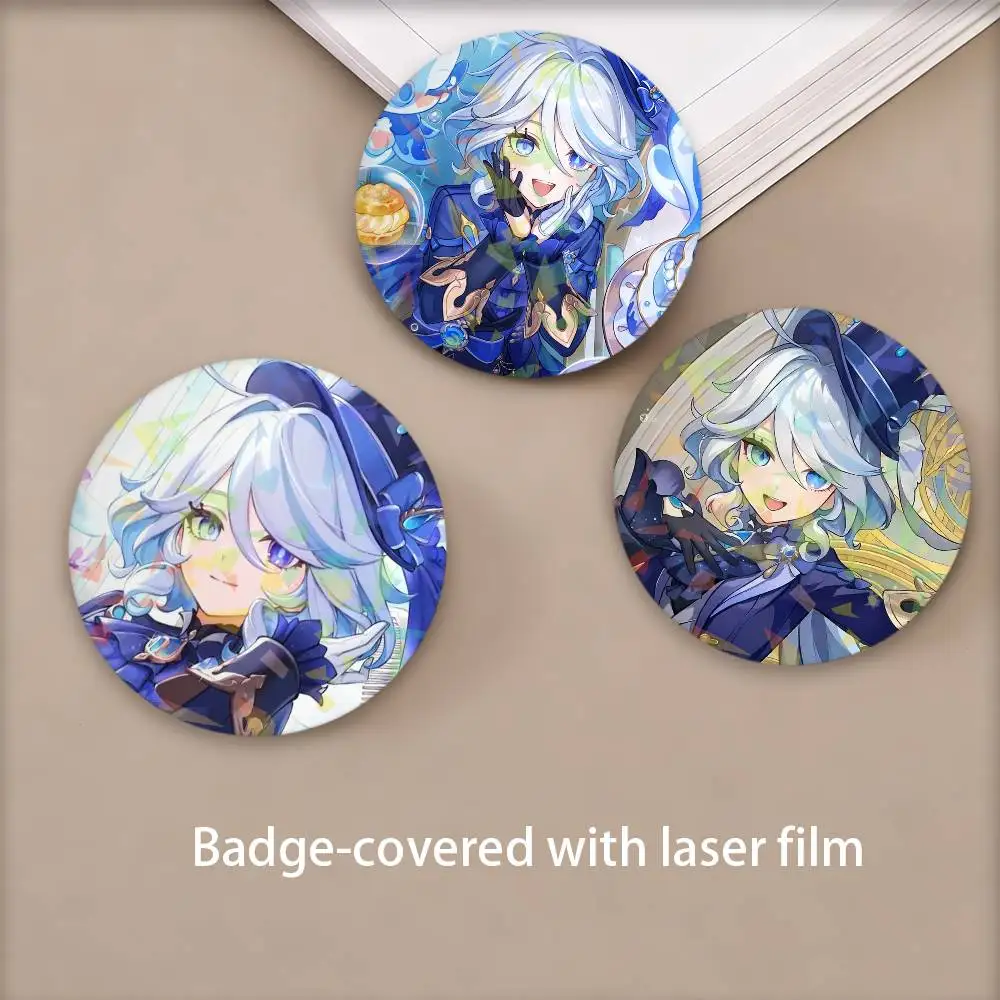 Furina Game Genshin Badges Round Laser Badge Brooch Backpack Accessories