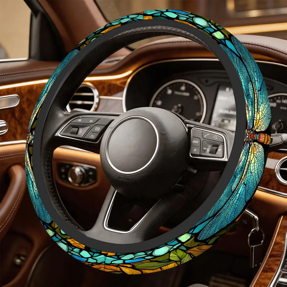1pc Dragonfly And Leaf Mosaic Steering Wheel Cover Durable Material Universal Fit, Enhances Car Interior