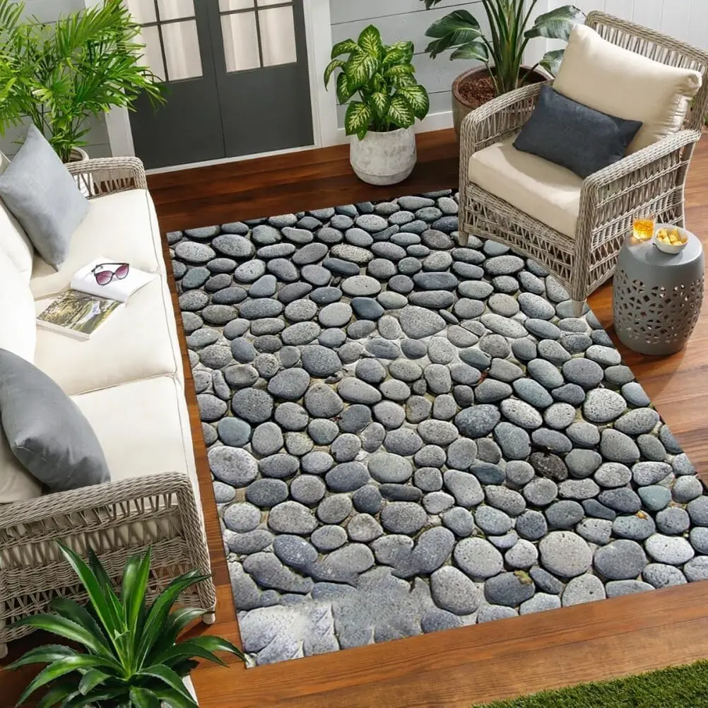 Anti Slip and Waterproof Grey Pebble Pattern Outdoor Carpet for Courtyard Balcony Garden Terrace Imitation Stones Splicing Mat M
