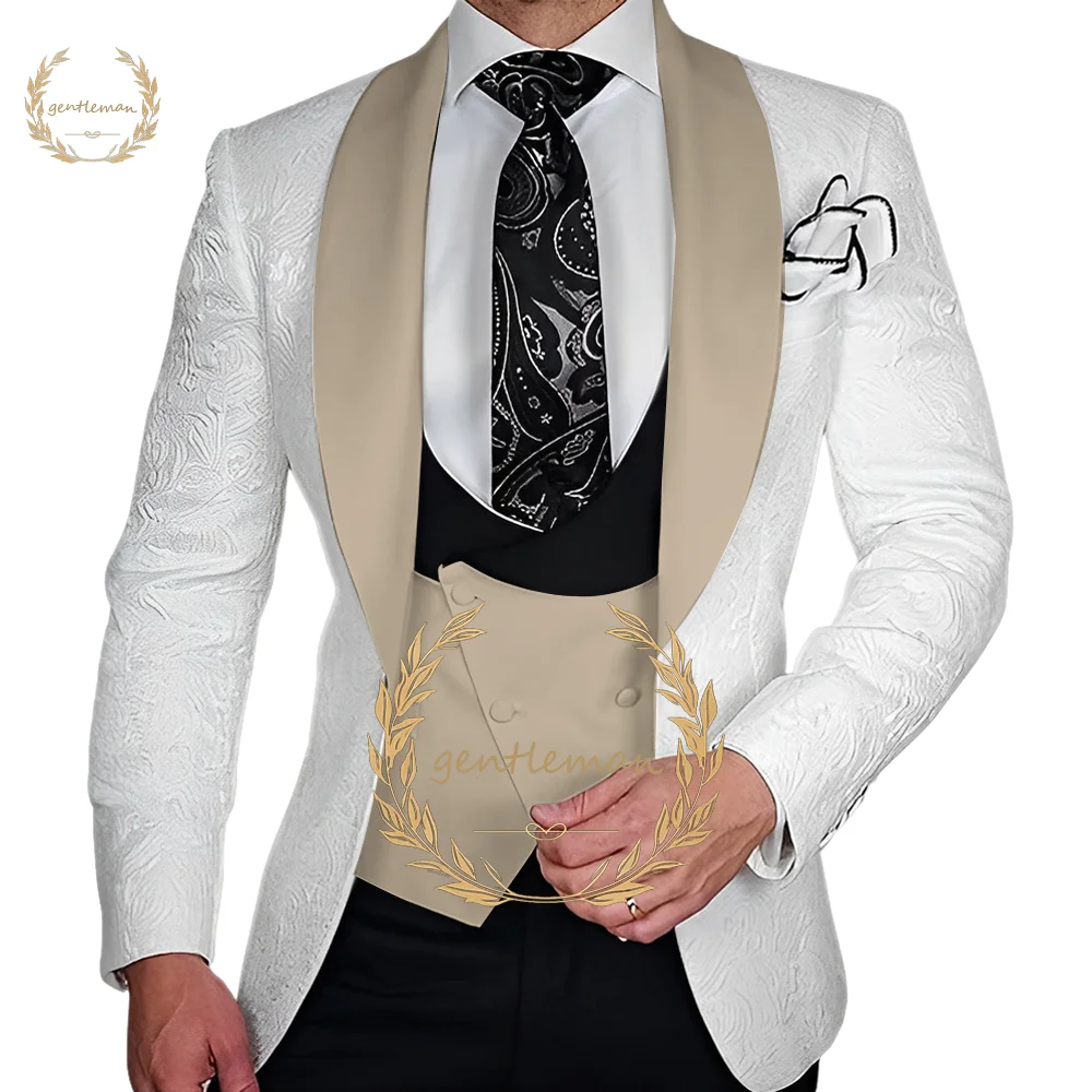 

Men's ivory jacquard suit 3 piece suit, shawl collar coat stylish vest and trousers set, wedding cocktail dress