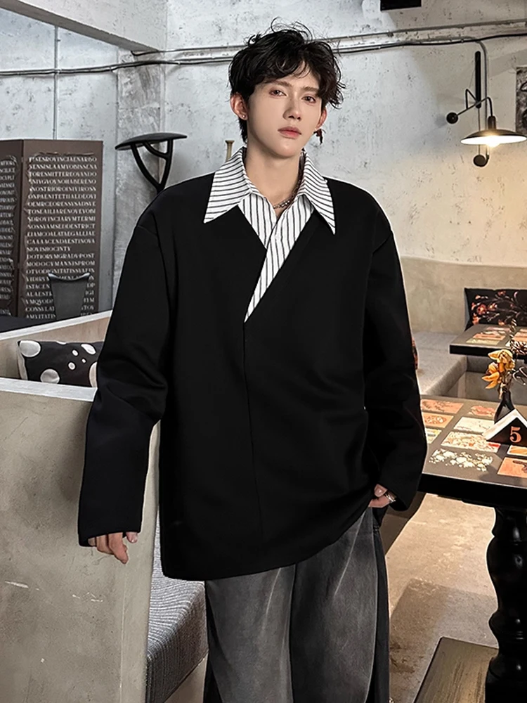 

Мужская осенняя модная рубашка с V-образным вырезом и длинным рукавом, в полоску, из плотной ткани, с комбинированными вставками, повседневная, из смесового полиэстера и хлопка