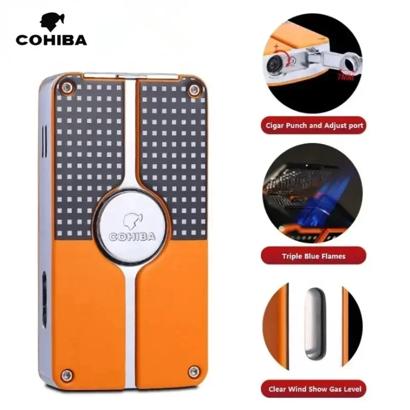 

New Cigar Lighter Metal Windproof Triple Flame Jet Butane Lighter with Cigar Knife Cigar Accessories Men's Gift