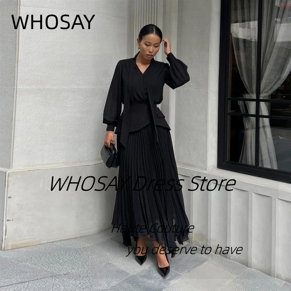 WHOSAY Office Lady Wear Two Pieces Black Dress Long Sleeves Evening Gowns Pleats Asymmetrical Vestidos Party Prom Dresses