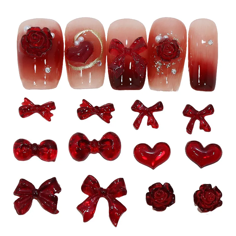 50pcs Winter Angora Red Bow 3D Nail Art Accessories Cute Bow tie Camellia Love Nail Decorations DIY Resin Nail Charms Mix Parts