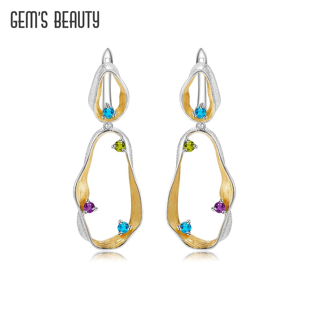 

GEM'S BEAUTY 925 Sterling Silver Swirl Earrings For Women Long Drop Multi Color Gemstone Statement Wedding Party Jewelry