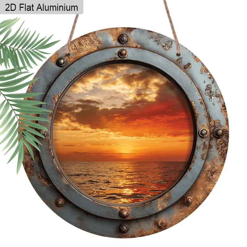 2D Flat - One-Piece Classic Aluminum Plaque Featuring a 2D Flat Design of a Sea View, Showcasing a Sunset Over The Ocean. Ideal