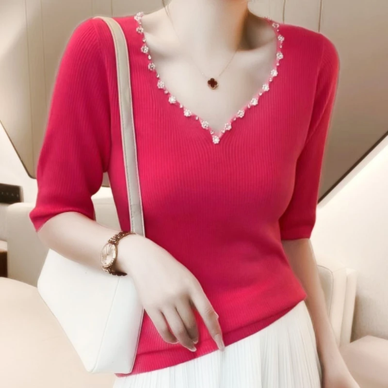 V-neck Sweater in Summer Slim Ice Silk Fashionable and Versatile Top French Small Fragrance Style Heavy Industry Diamond-inlaid