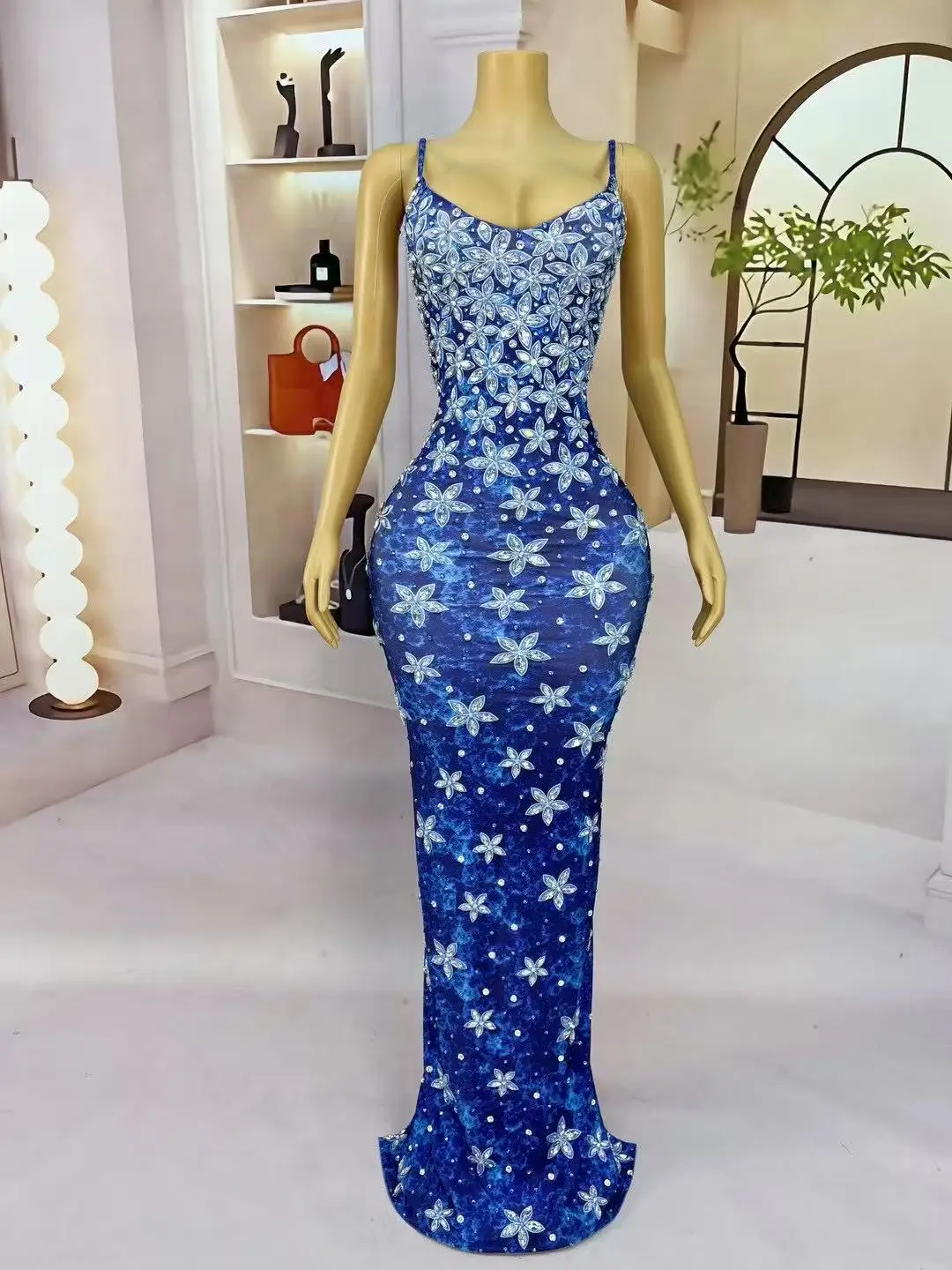 Sexy High-end Starry Sky Pattern Rhinestones Blingbling Suspenders Dress Evening Party Gown Show Red carpet Elegant Stage Wear