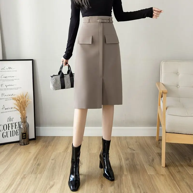 Women's Solid Color Pockets High Waist Sashes Patchwork Office Lady All-match Fashionable Elegant Straight Bag Hip Ankle Skirts