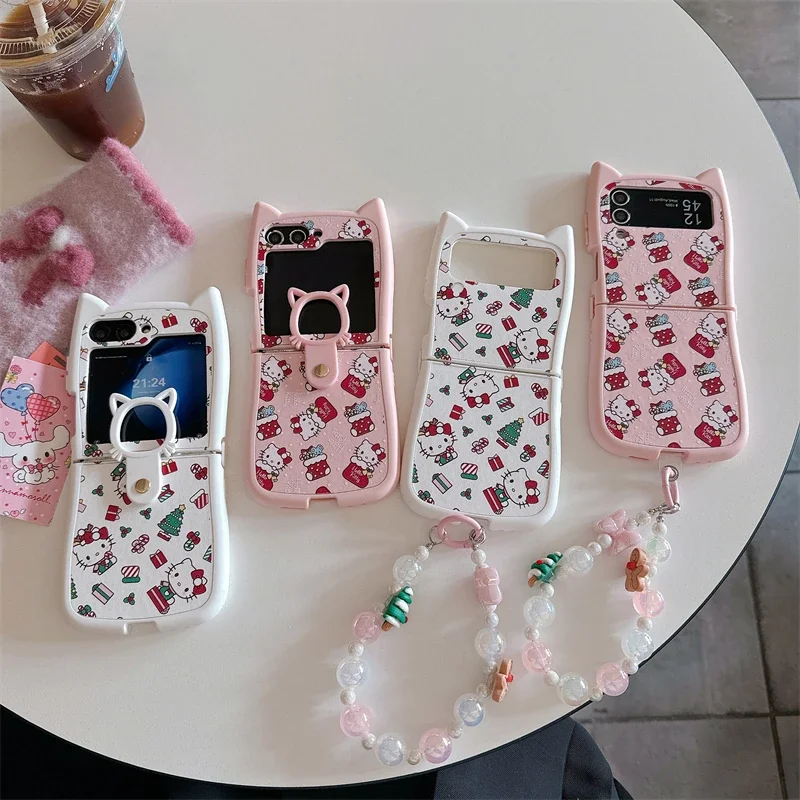 Hot Christmas Sanrios Hellokitty with Lanyard Phone Case for Samsung Galaxy Z Flip 3 4 5 6 5G PC Hard Anti-drop Back Cover Funda