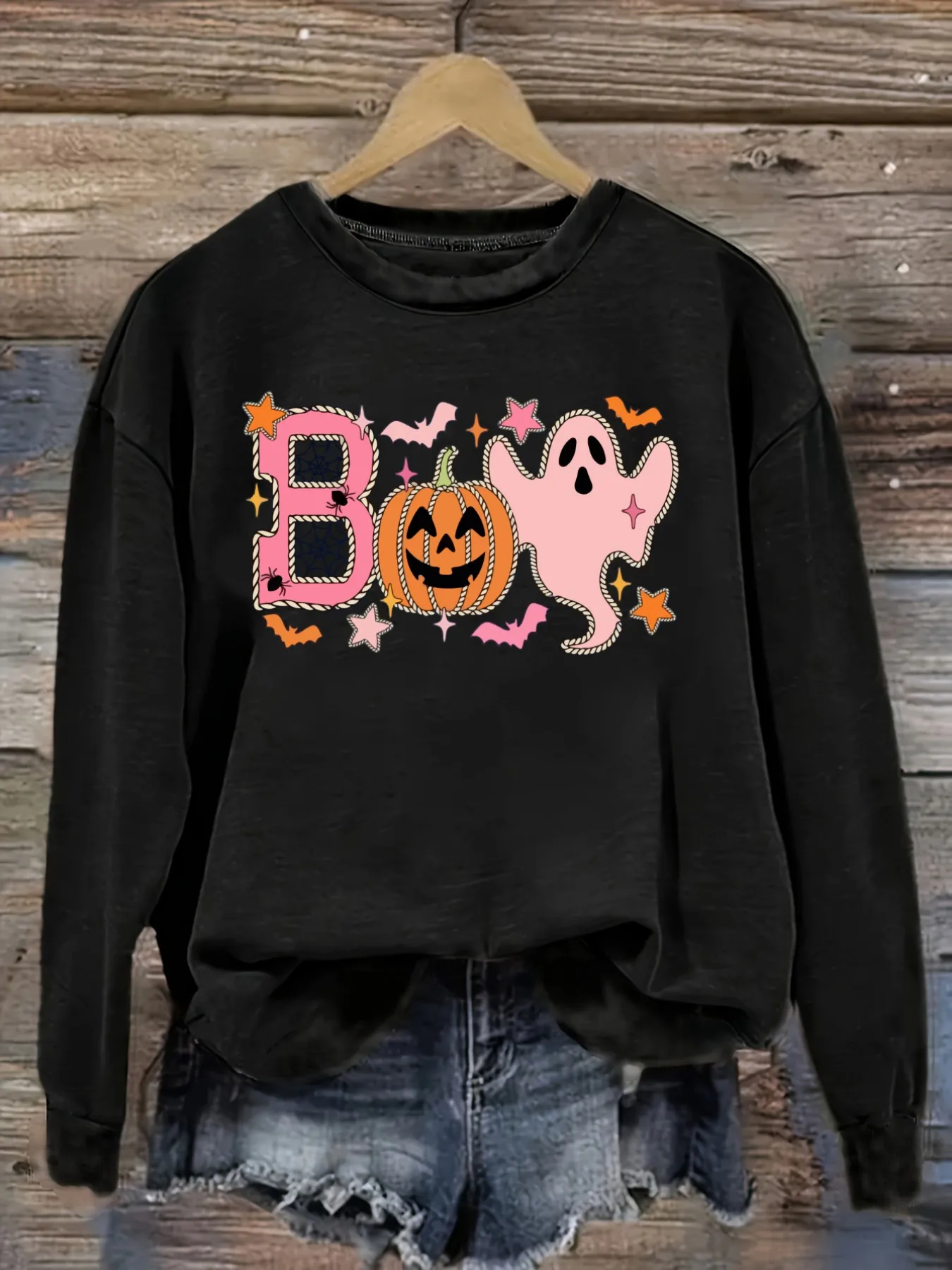 Women's Casual Long Sleeve Crew Neck T-Shirt Boo Ghost Pumpkin Halloween Print Design, Round Neck Women's Clothing, Machine Washable, Slightly Elastic, Loose Fit, Spring Autumn Winter Women's T-Shirt, Halloween Costume Outfit