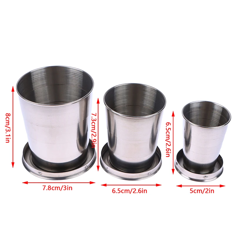 Gelas lipat Kemah, peralatan makan Cup lipat Stainless Steel 75/150/250ml 1 buah cangkir dapat ditarik