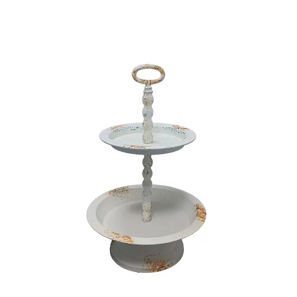 Vintage Distressed Metal 2-Tier Cake Stand with Handle, Rustic White Finish, 46cm Height, Decorative Serving Tray