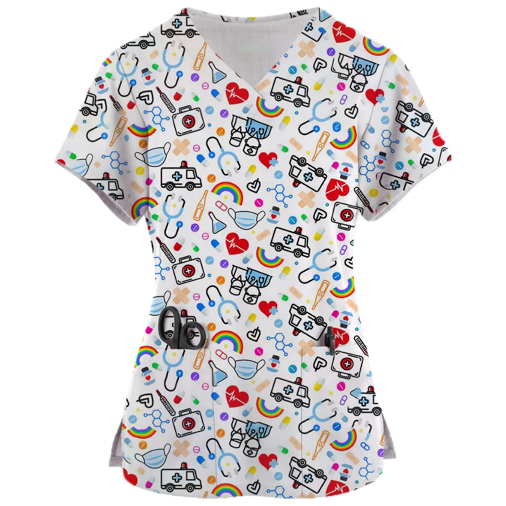 Summer Women's Clothing With Teeth printing Short Sleeved V-Neck Fashion Frosted Tops Uniform Short Sleeve dentist Nurse New